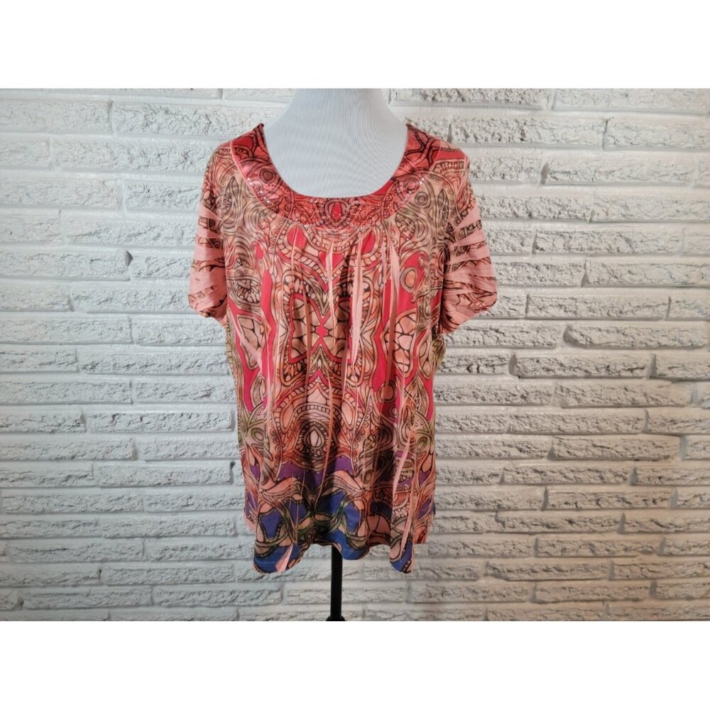 Olivia Paige 1X Plus Size Top Red Abstract Studded Rhinestone GEO266E